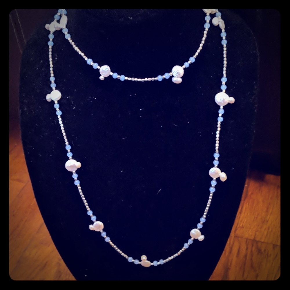 41" Wrap necklace or XL Sterling Silver & Pearls w